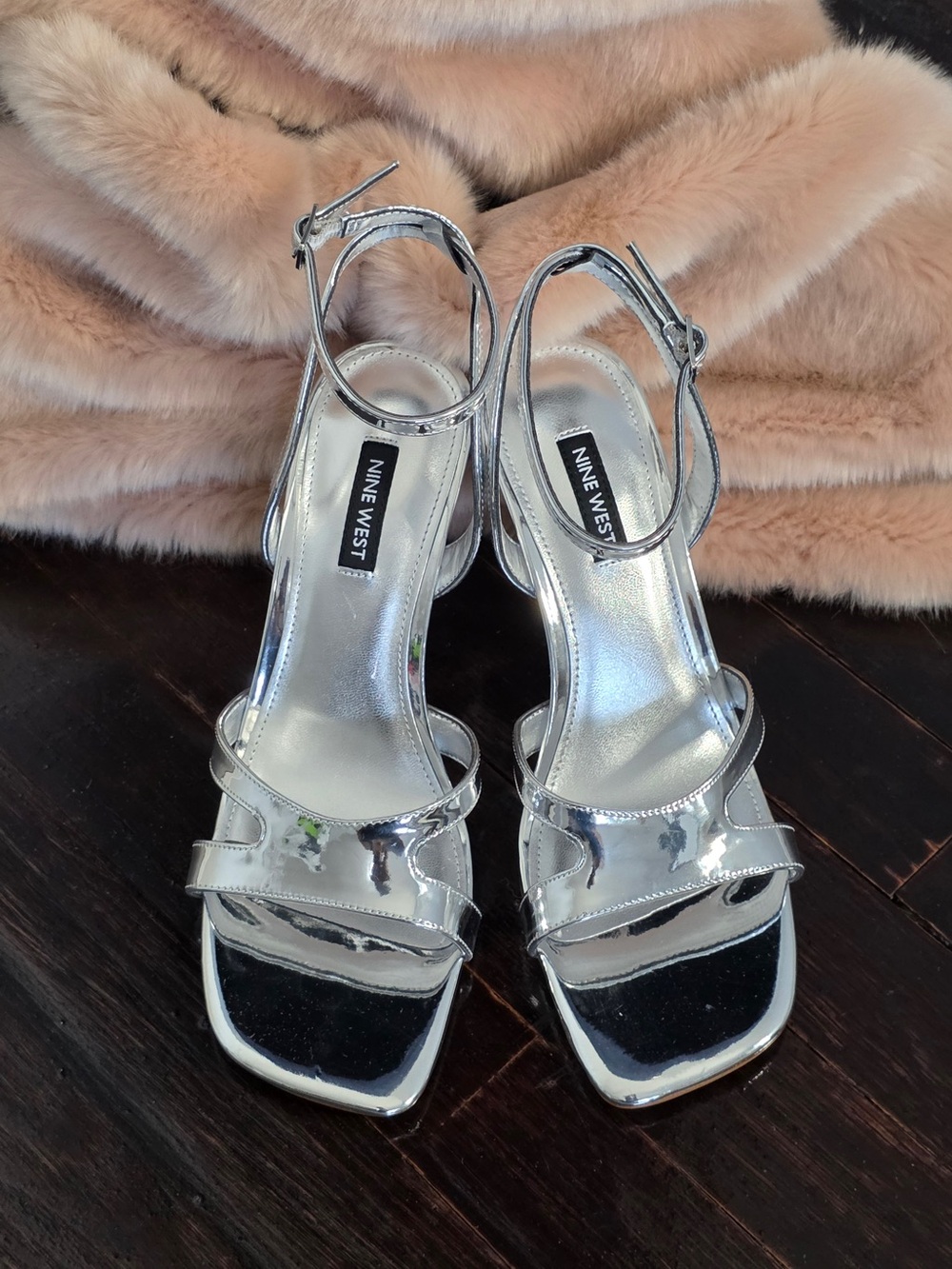 Nine West Shiny Silver Strappy Block Heel Sandals